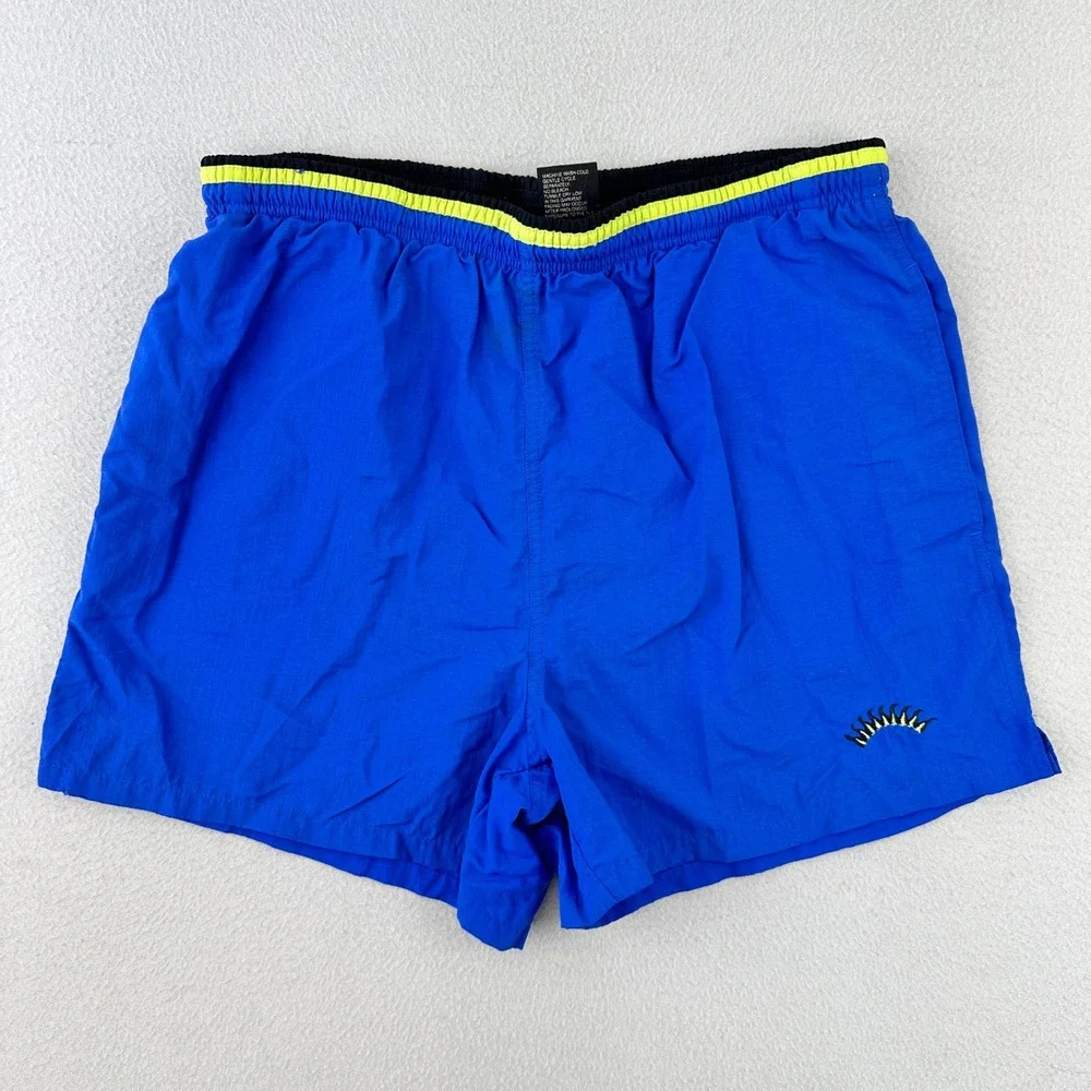 Vintage Nylon‎ Swim Trunks Mens Medium Blue Mesh Lined Cheetah Sport 90s Shorts